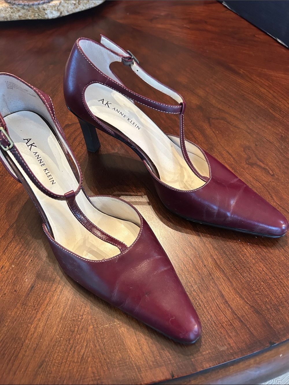Anne Klein Burgundy T-Strap Pointed-Toe Heels
